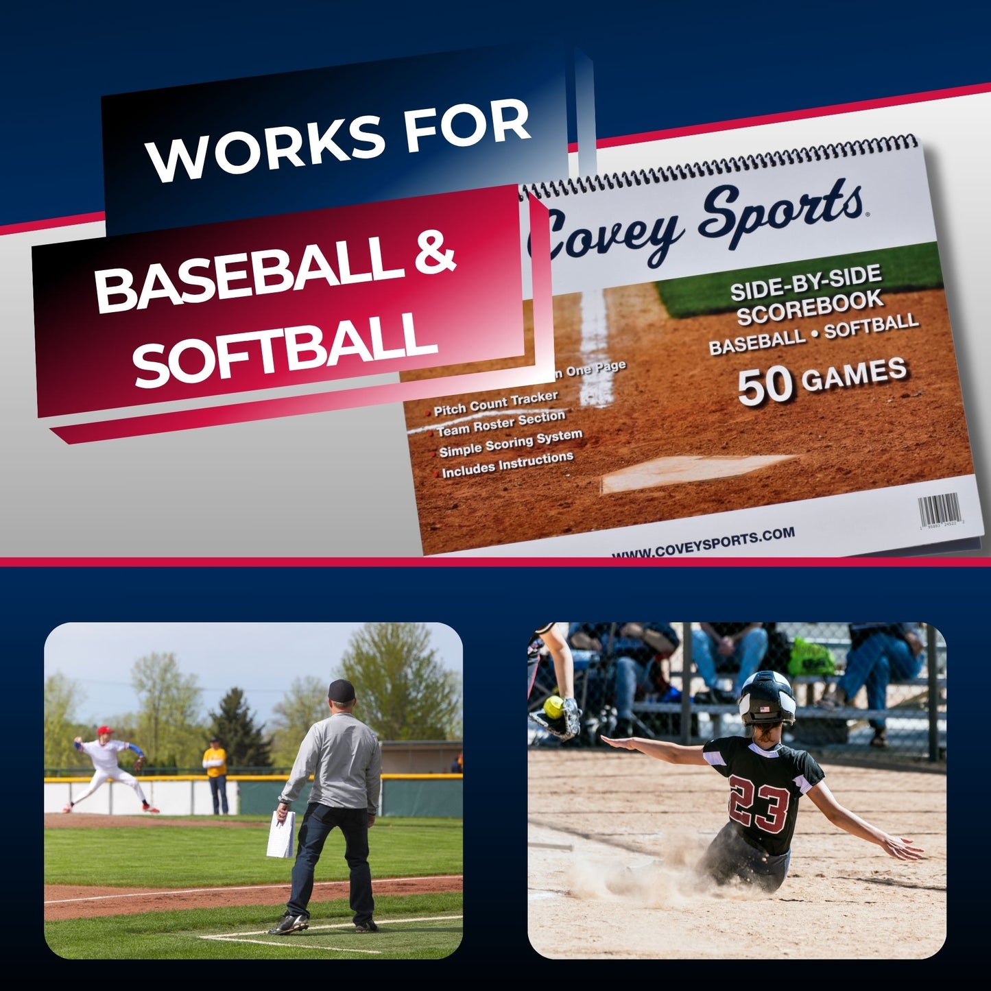 Covey Side by Side Baseball & Softball Scorebook (50 Games)
