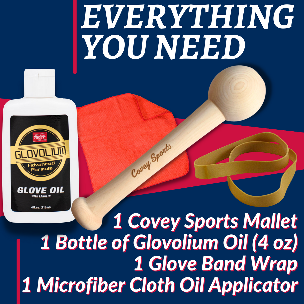 Covey Baseball & Softball Glove Breakin Kit - Mallet, Oil, Wrap, & Cloth