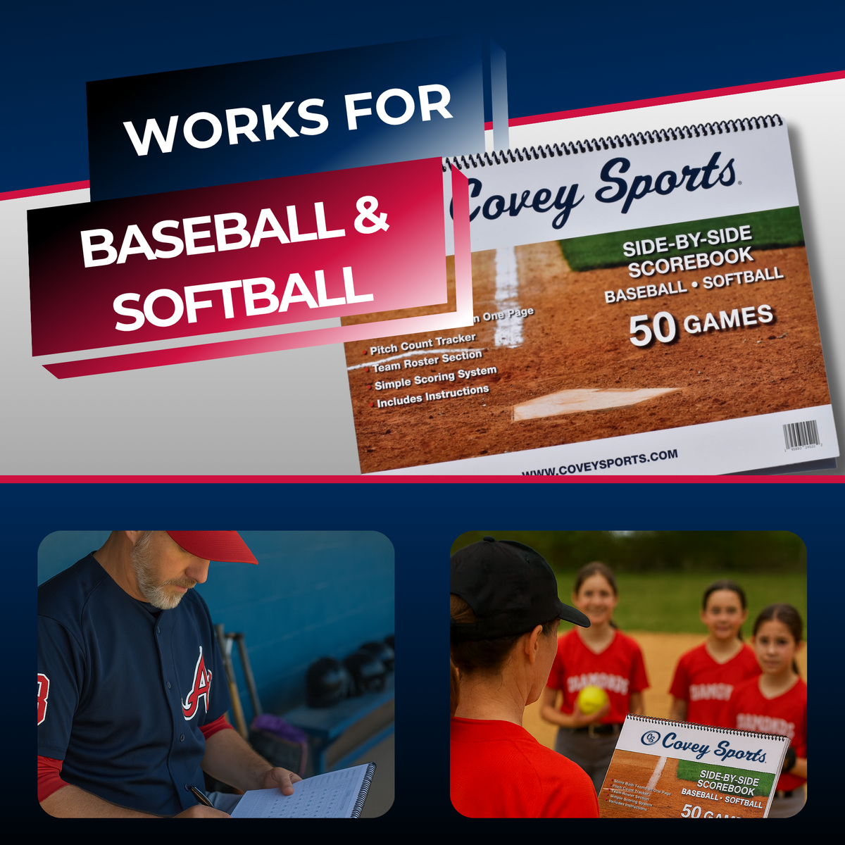 Covey Side by Side Baseball & Softball Scorebook (50 Games)